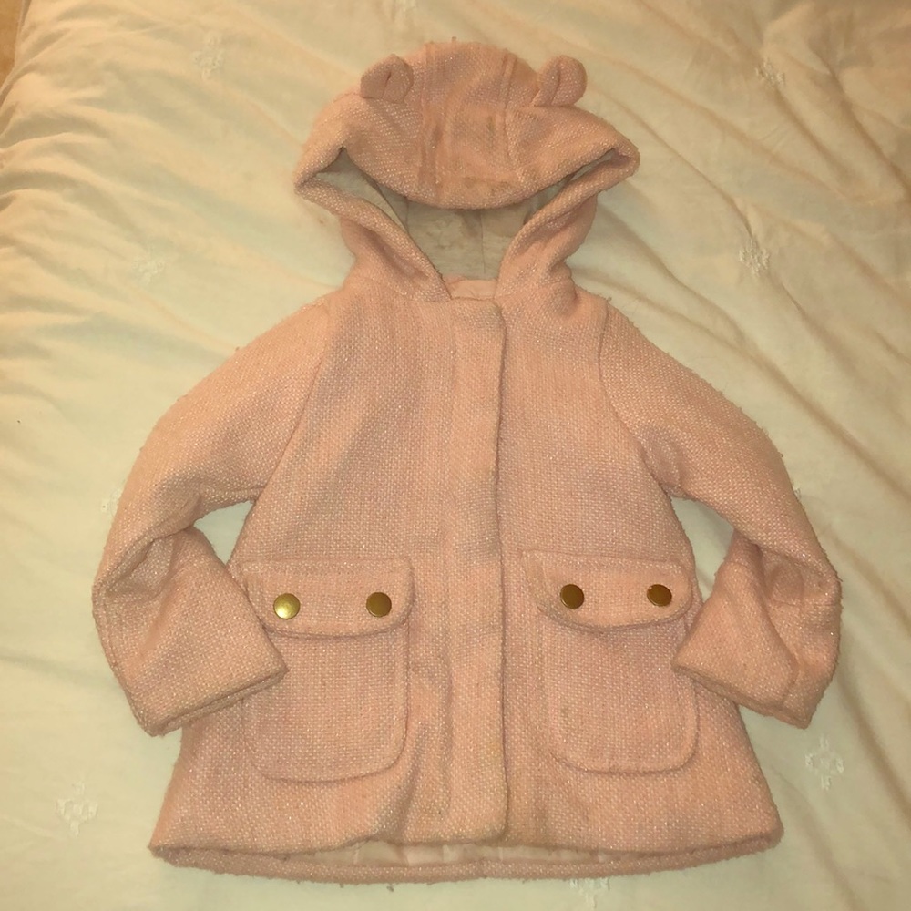 Pink hooded faux wool coat with ears 😍 fair cond.